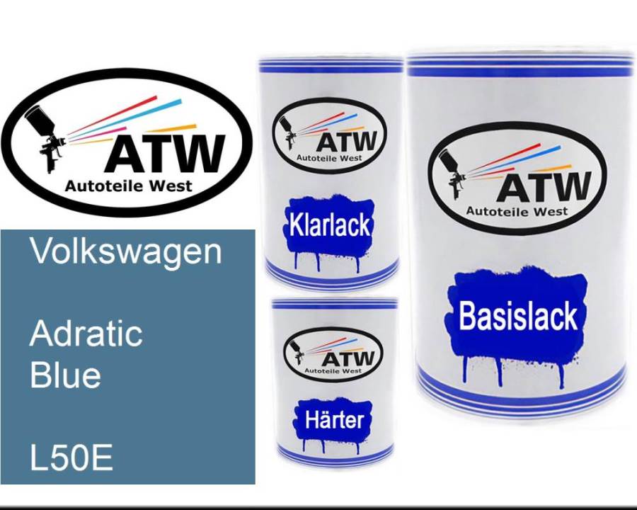 Volkswagen, Adratic Blue, L50E: 500ml Lackdose + 500ml Klarlack + 250ml Härter - Set, von ATW Autoteile West.